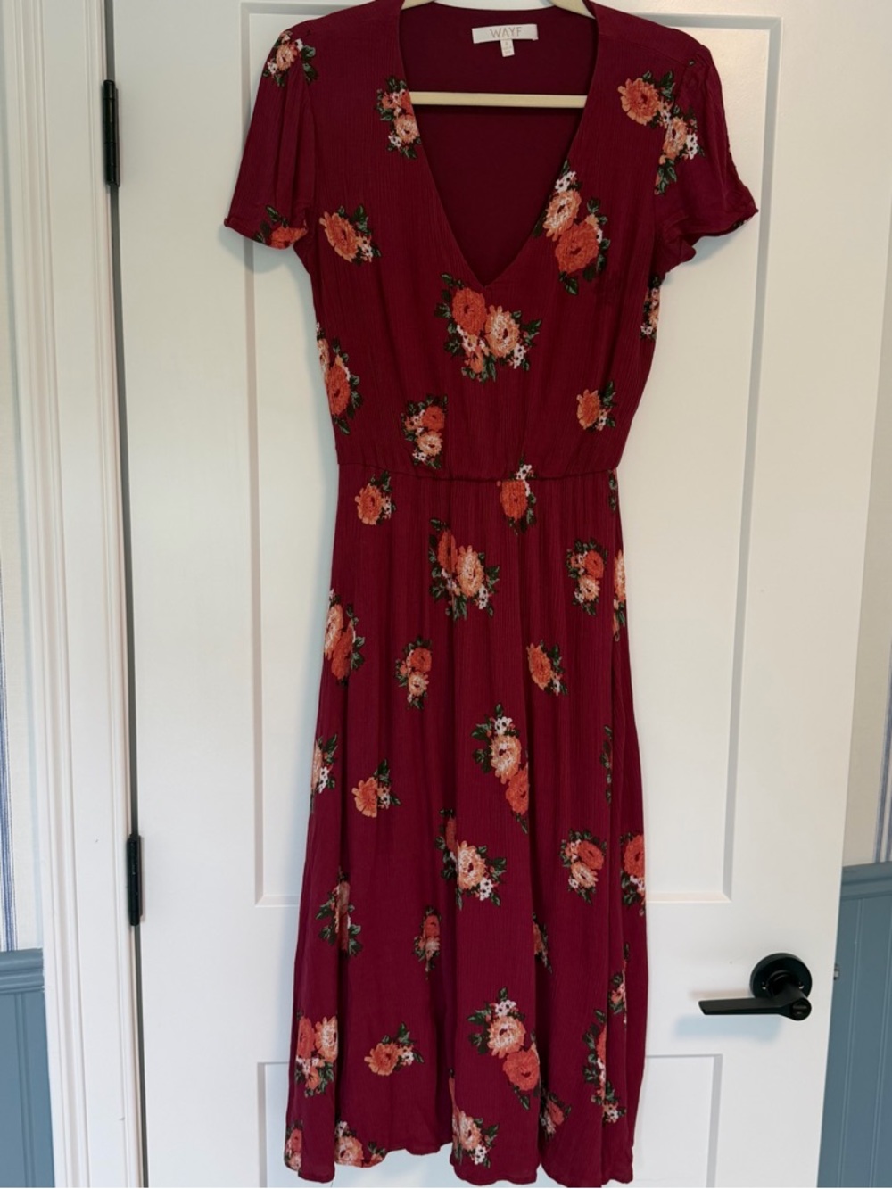 WAYF Burgundy Floral V-Neck Midi Dress